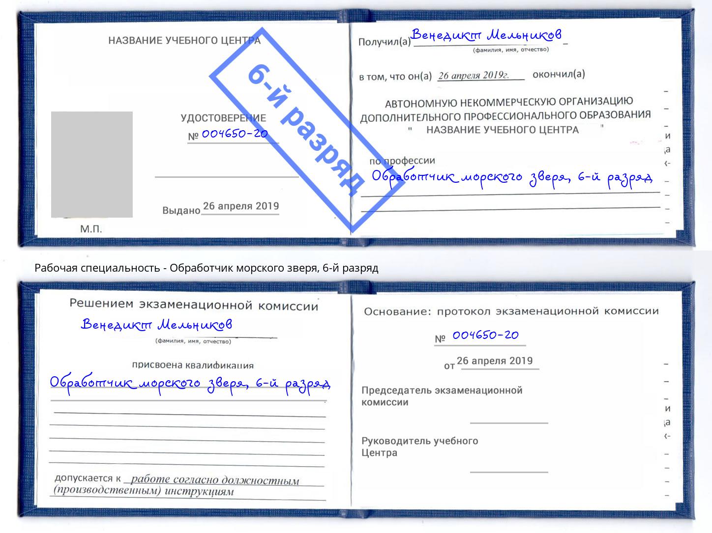 корочка 6-й разряд Обработчик морского зверя Учалы