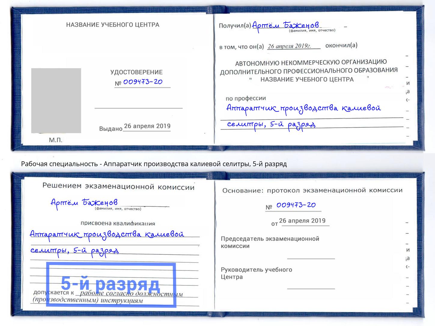 корочка 5-й разряд Аппаратчик производства калиевой селитры Учалы