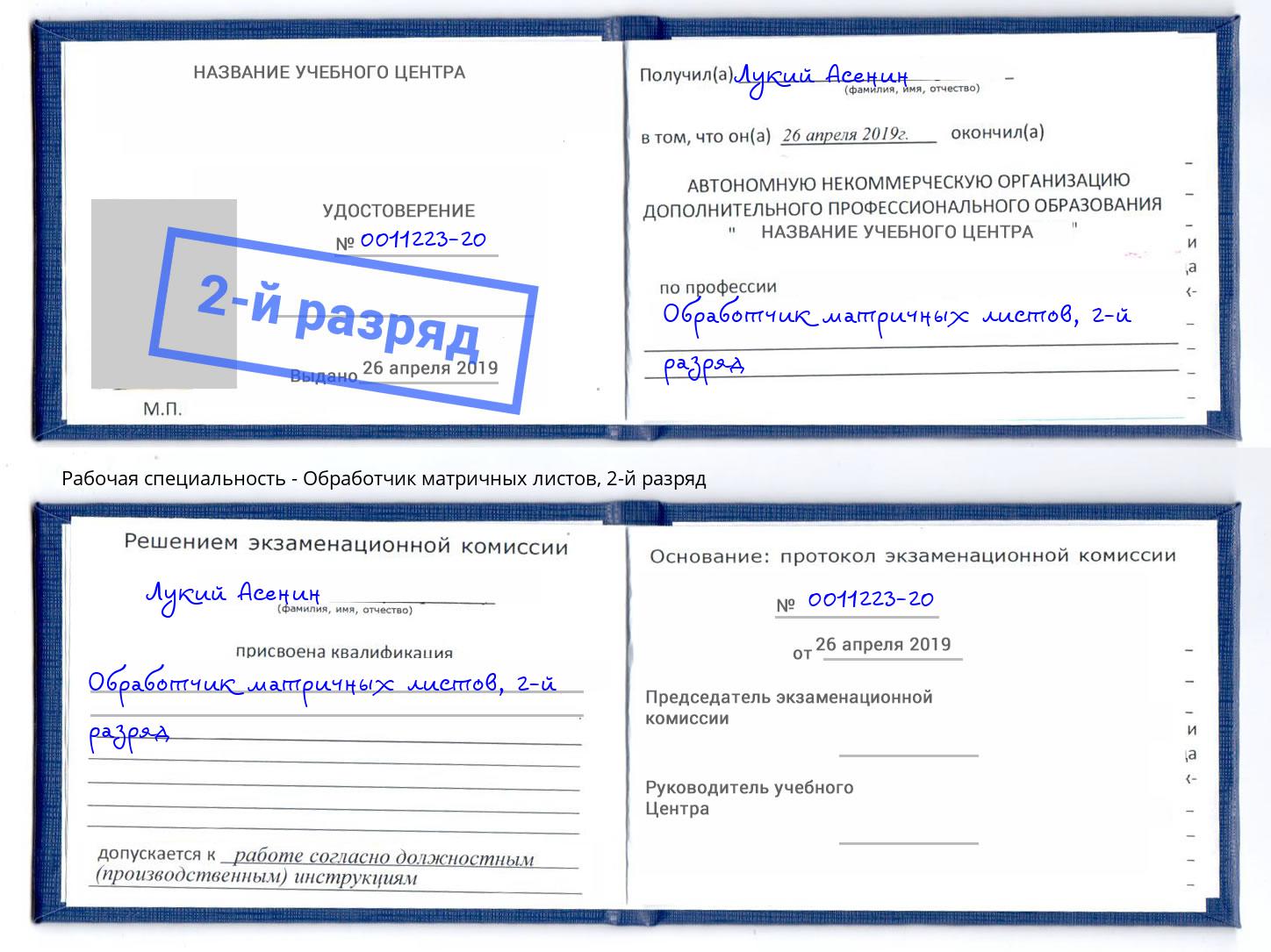 корочка 2-й разряд Обработчик матричных листов Учалы