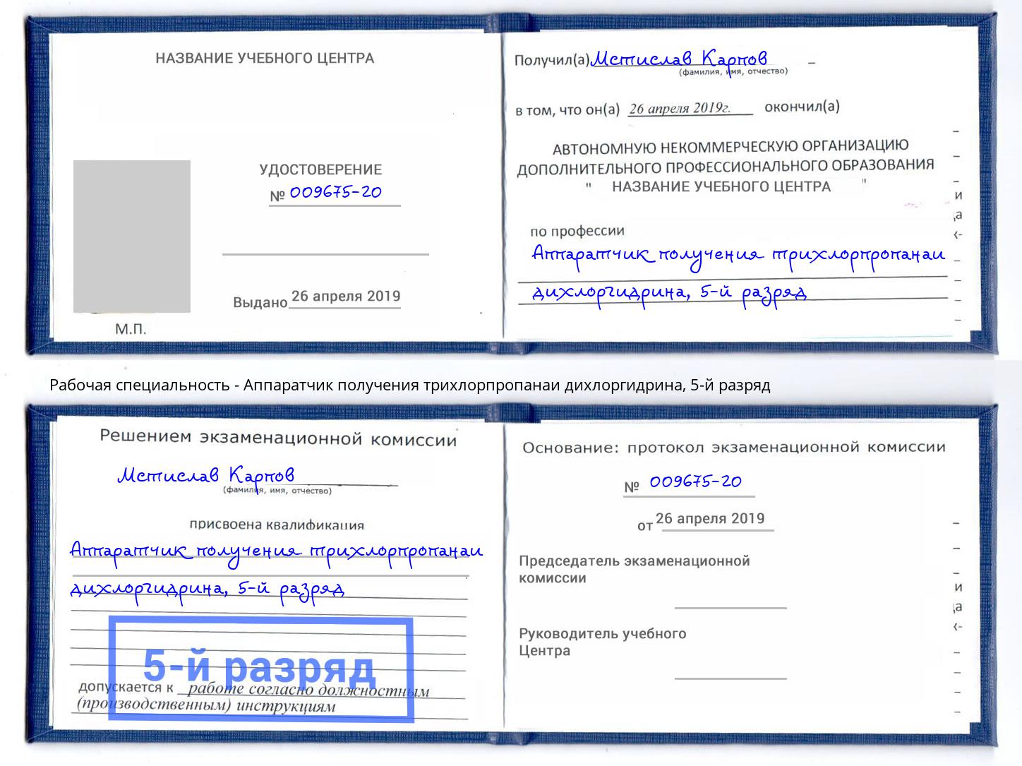 корочка 5-й разряд Аппаратчик получения трихлорпропанаи дихлоргидрина Учалы